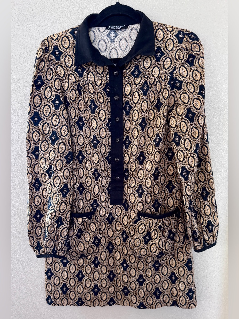 Vintage Betsey Johnson Black and Gold Patterned Mini Dress